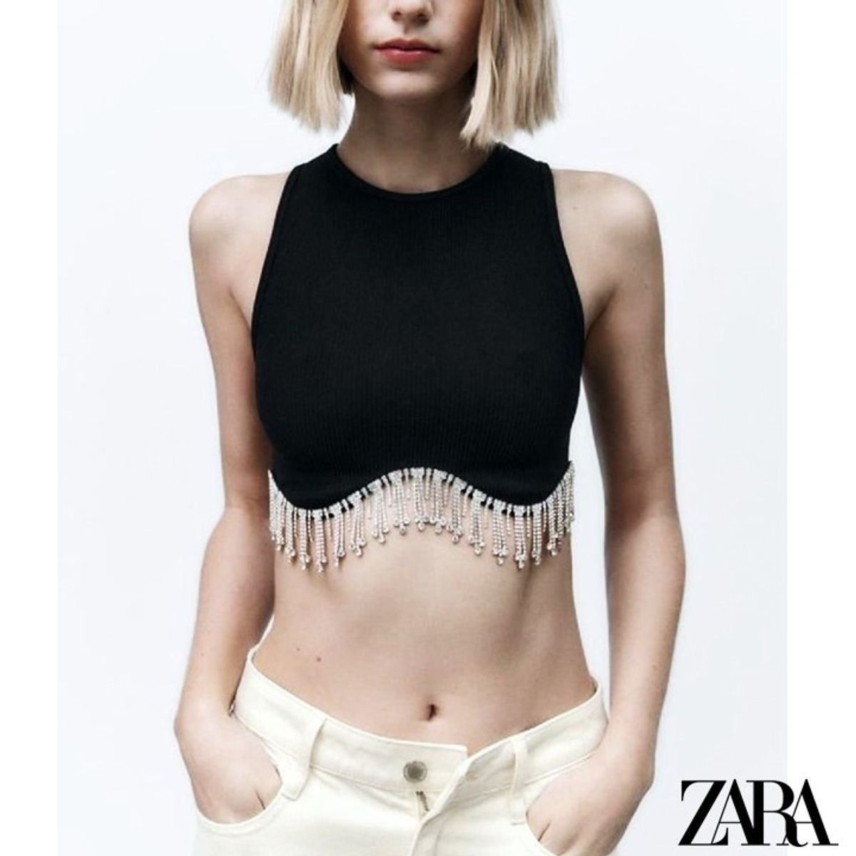 Blusa Cropped de Rede com Brilhos Zara | Blusa Feminina Zara Nunca Usado  87445048 | enjoei