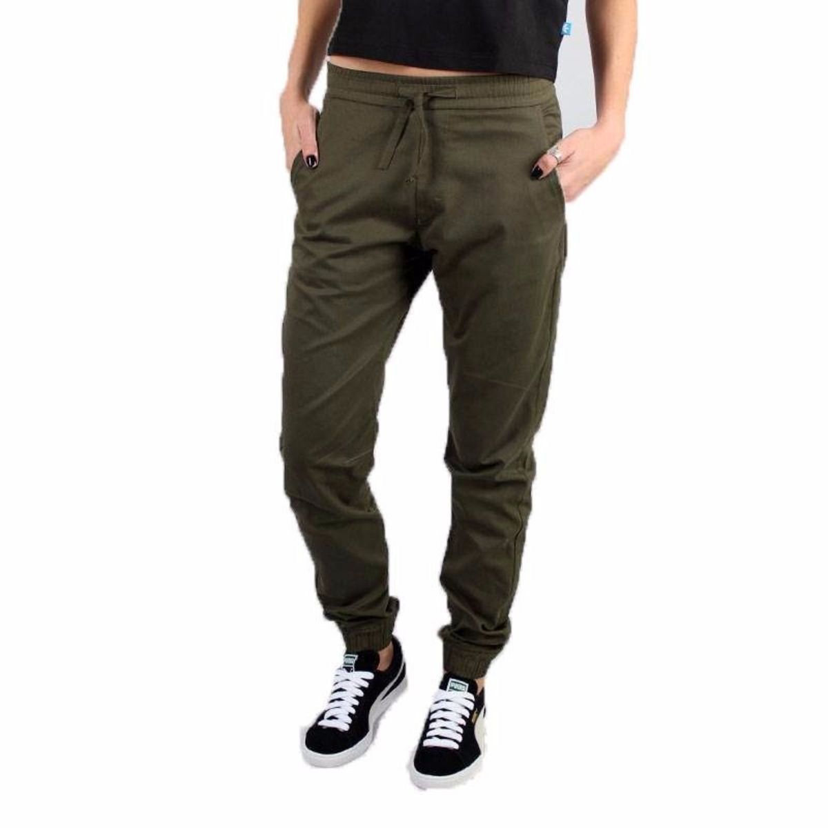 calça jogger sarja preta feminina