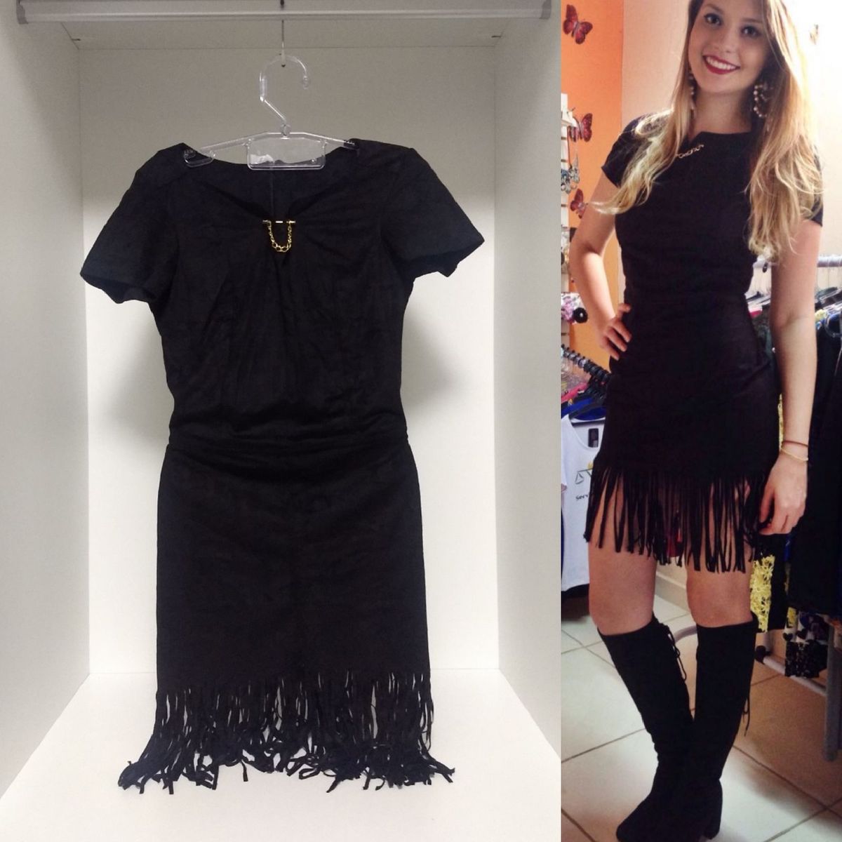 vestido suede com franja