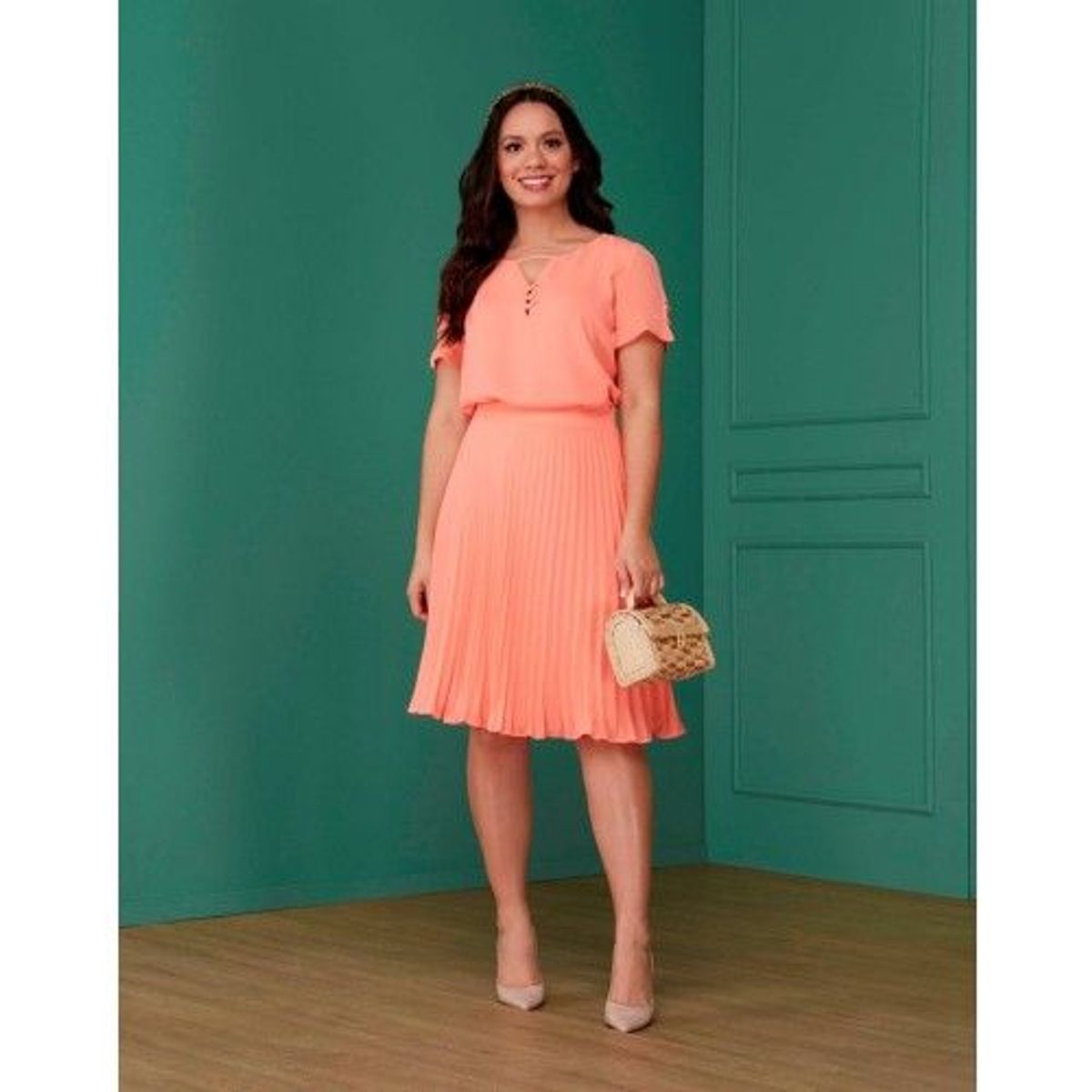 saia plissada midi laranja