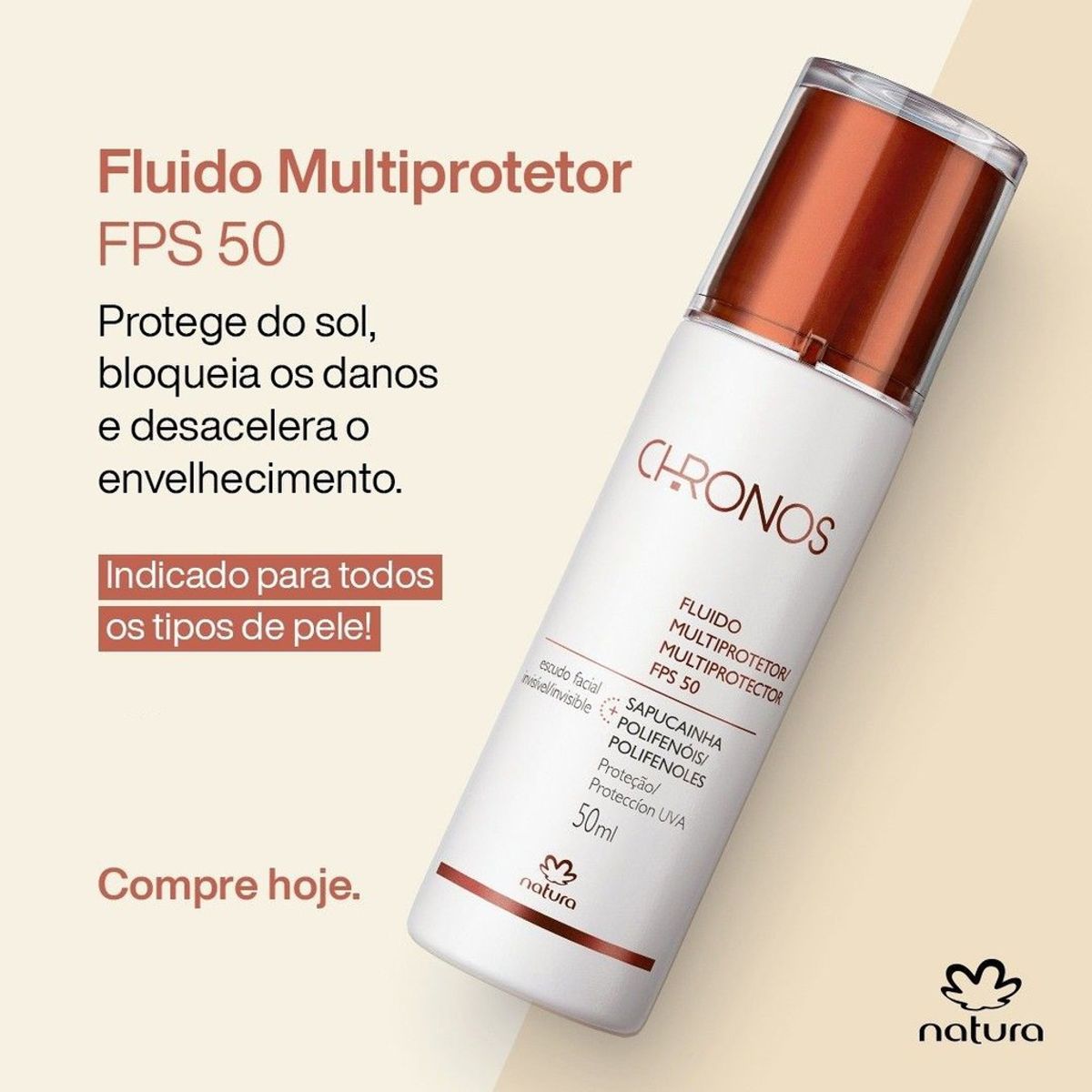 Fluido Multiprotetor Fps 50 / Fpuva 18 Chronos - 50ml | Cosmético Feminino  Natura Nunca Usado 80440901 | enjoei