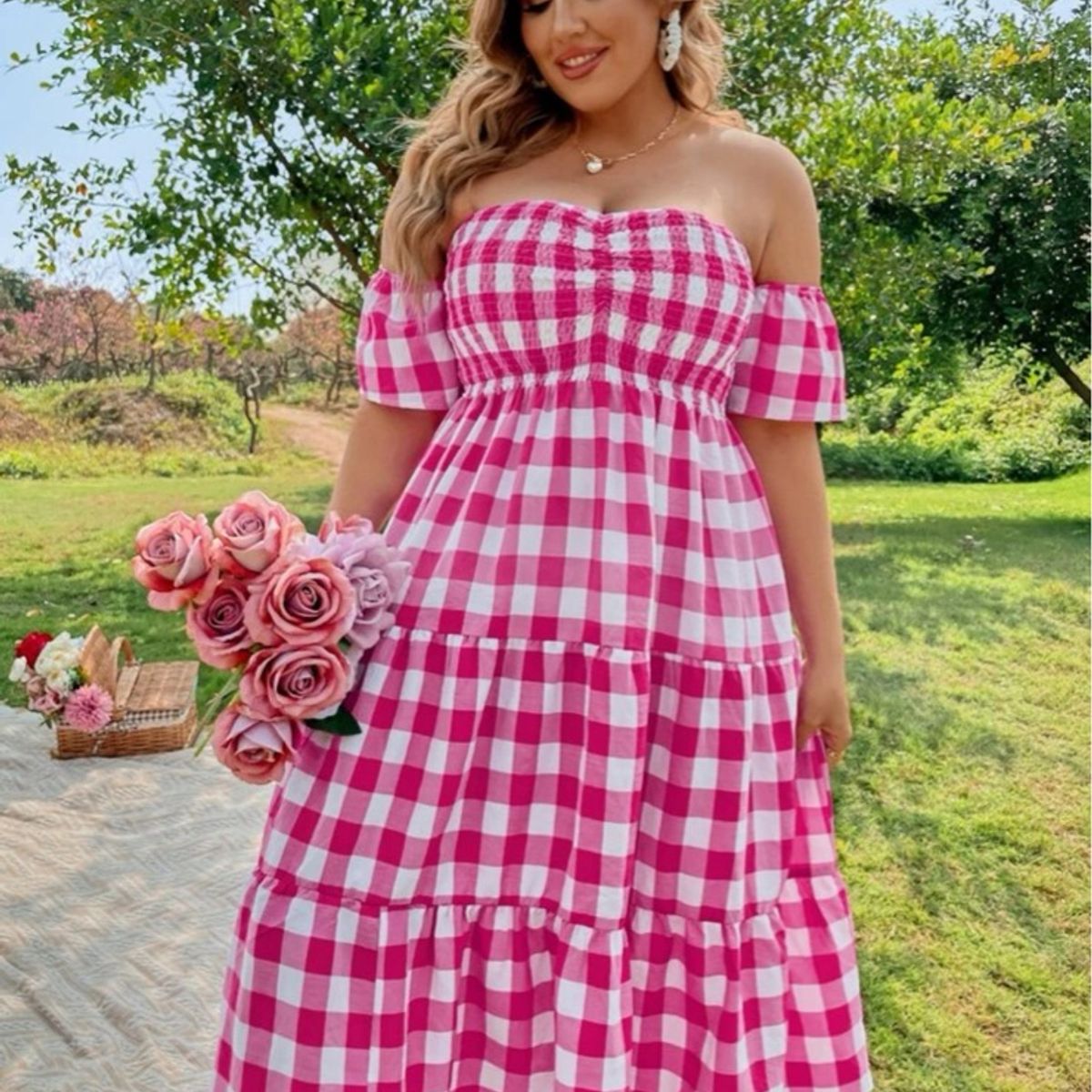 Vestido Longo Xadrez Rosa Vestido Longo Xadrez Tamanho Grande Rosa