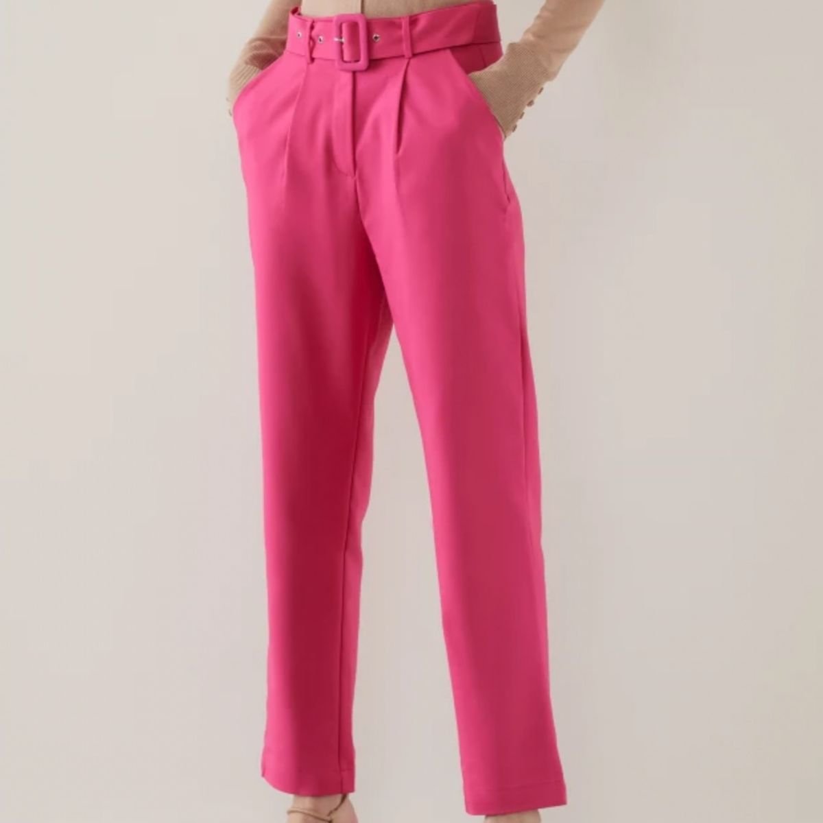 Calça Rosa Slim com Cinto Forrado Amaro