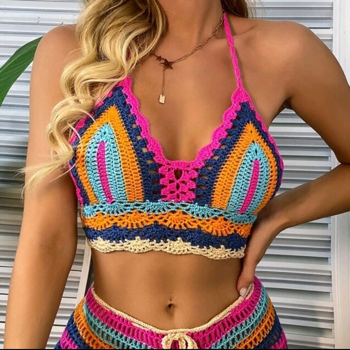 Conjunto Praia de Crochê Lindo e Colorido, Moda Praia Feminina Usado  78248857