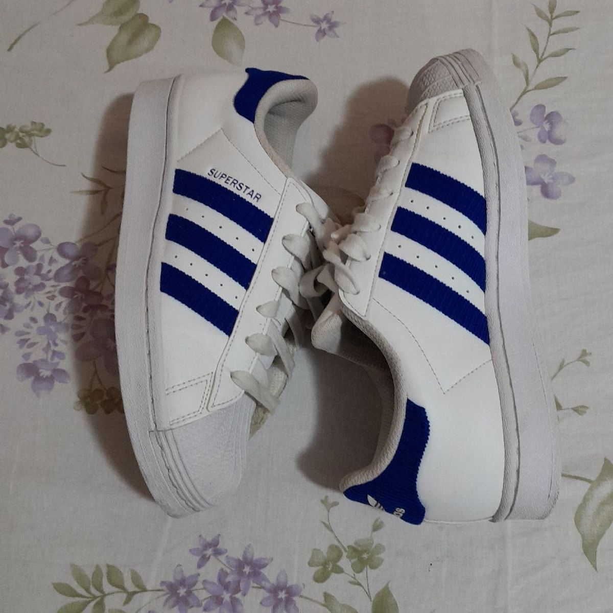 Adidas Super Star Branco com Listras Azuis, Tênis Feminino Adidas Usado  91473248