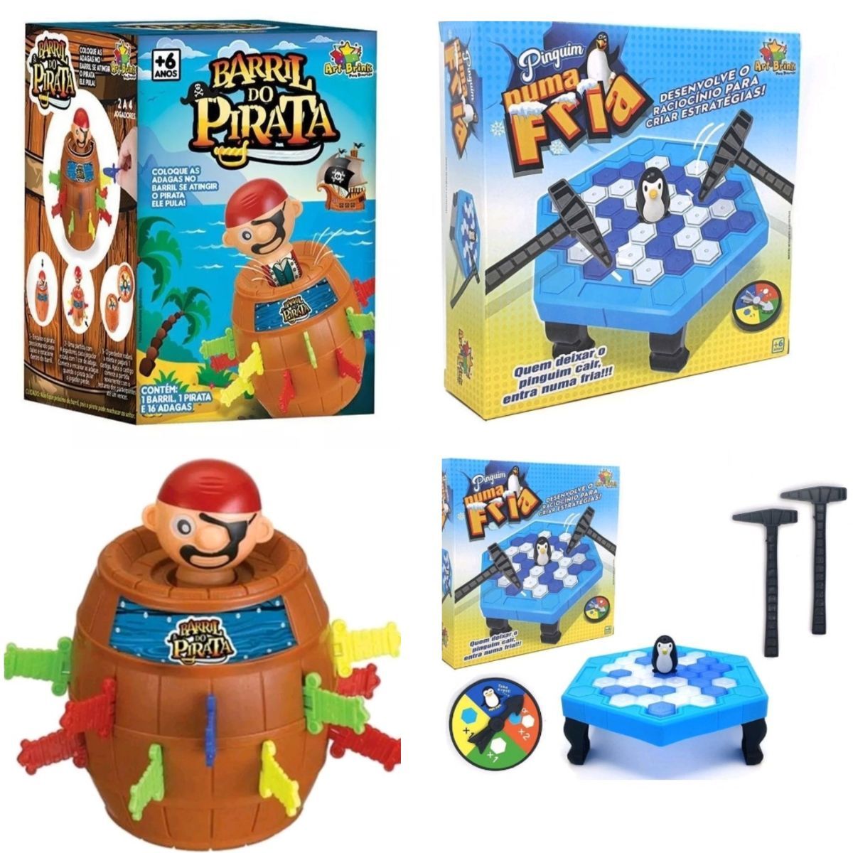 Kit Jogos Quebra Gelo Pinguim + Jogo Barril Pula Pirata Art Brink