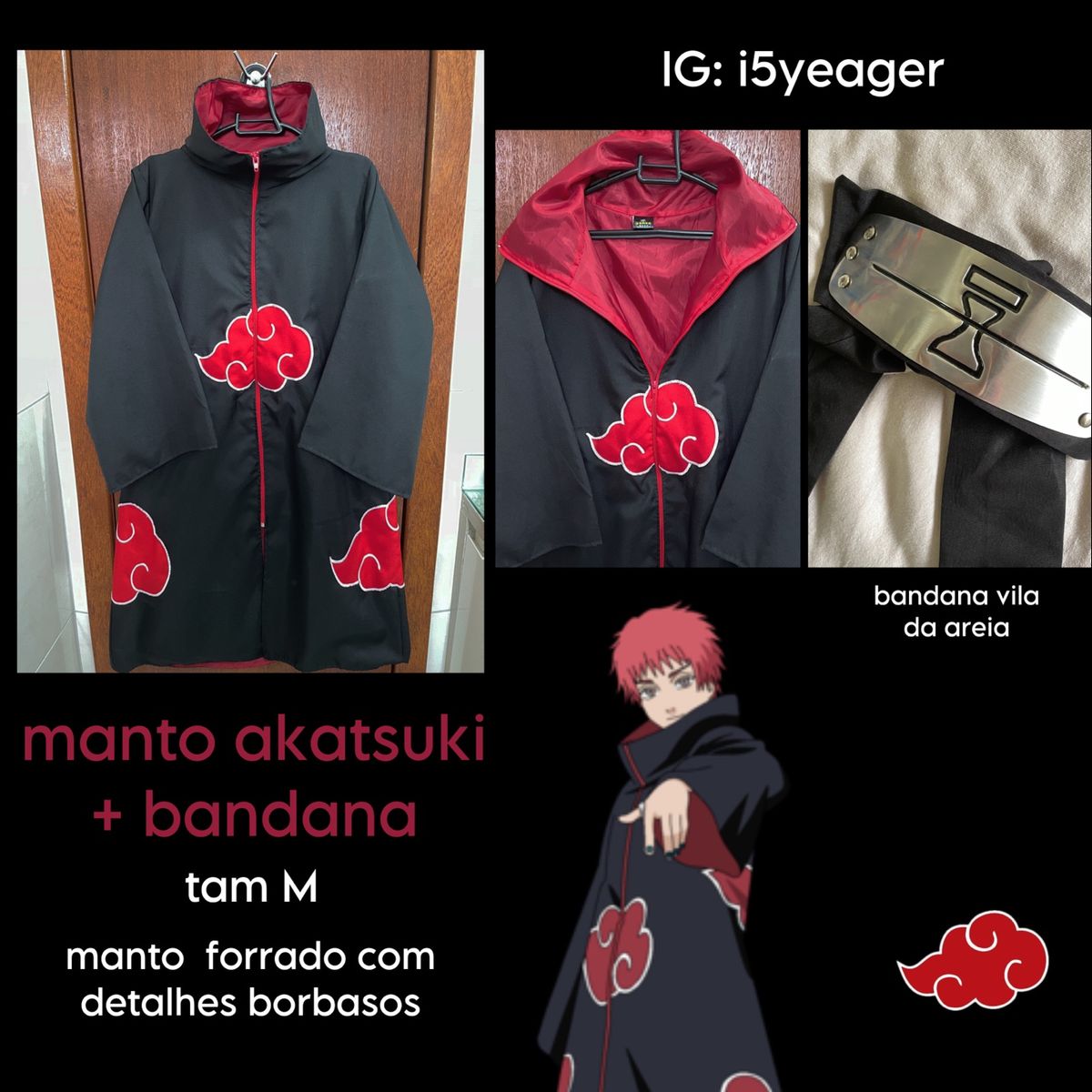 Combo Manto Akatsuki Nuvem Vermelha Naruto Shippuden Com Bandana