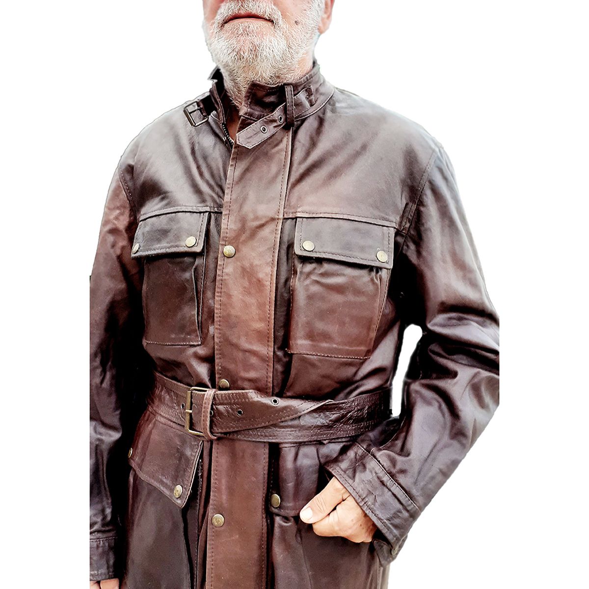 Casaco-Trench Coat- Retro Masculino em Couro Legitimo Importado