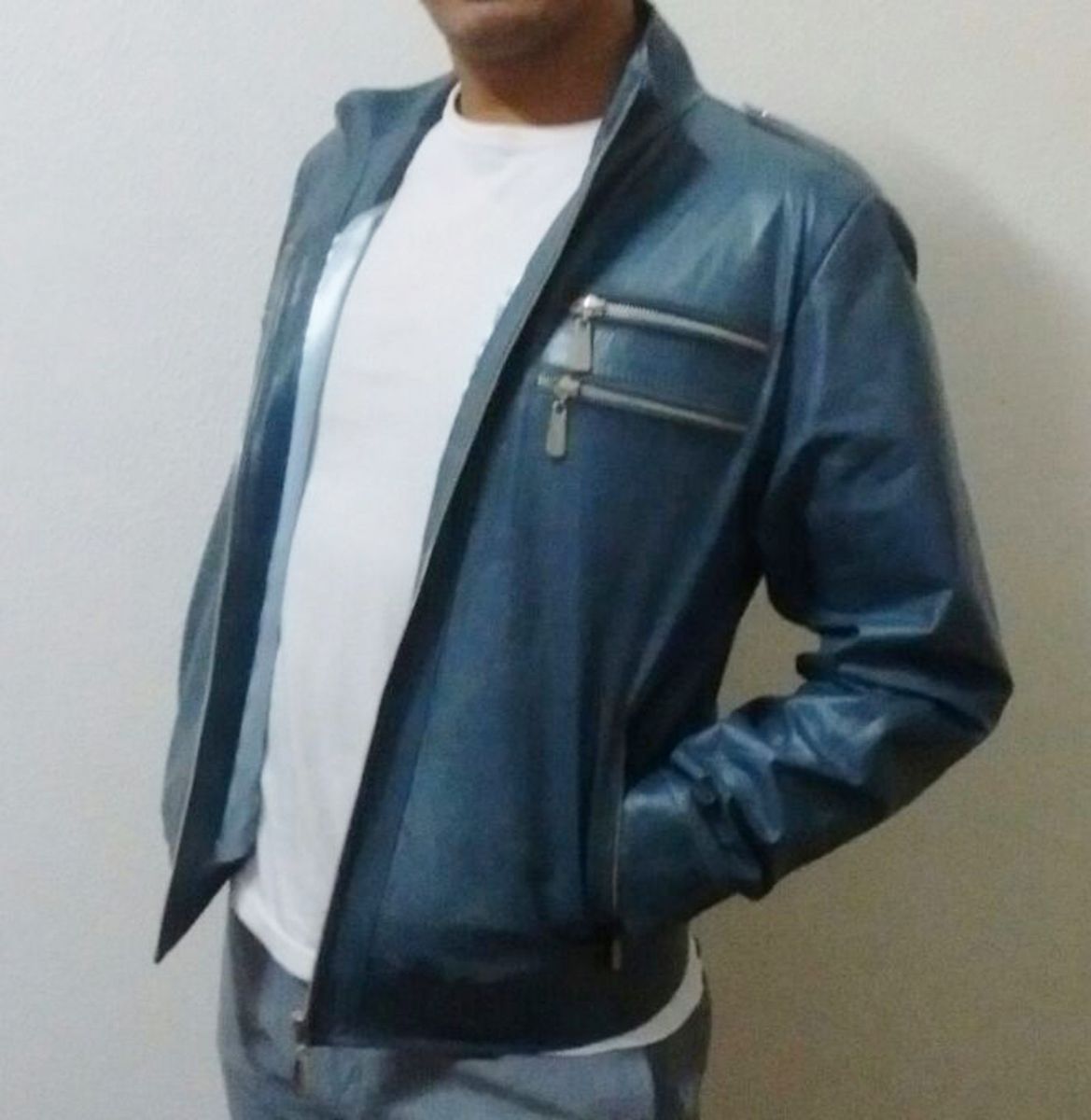 jaqueta de couro azul masculina