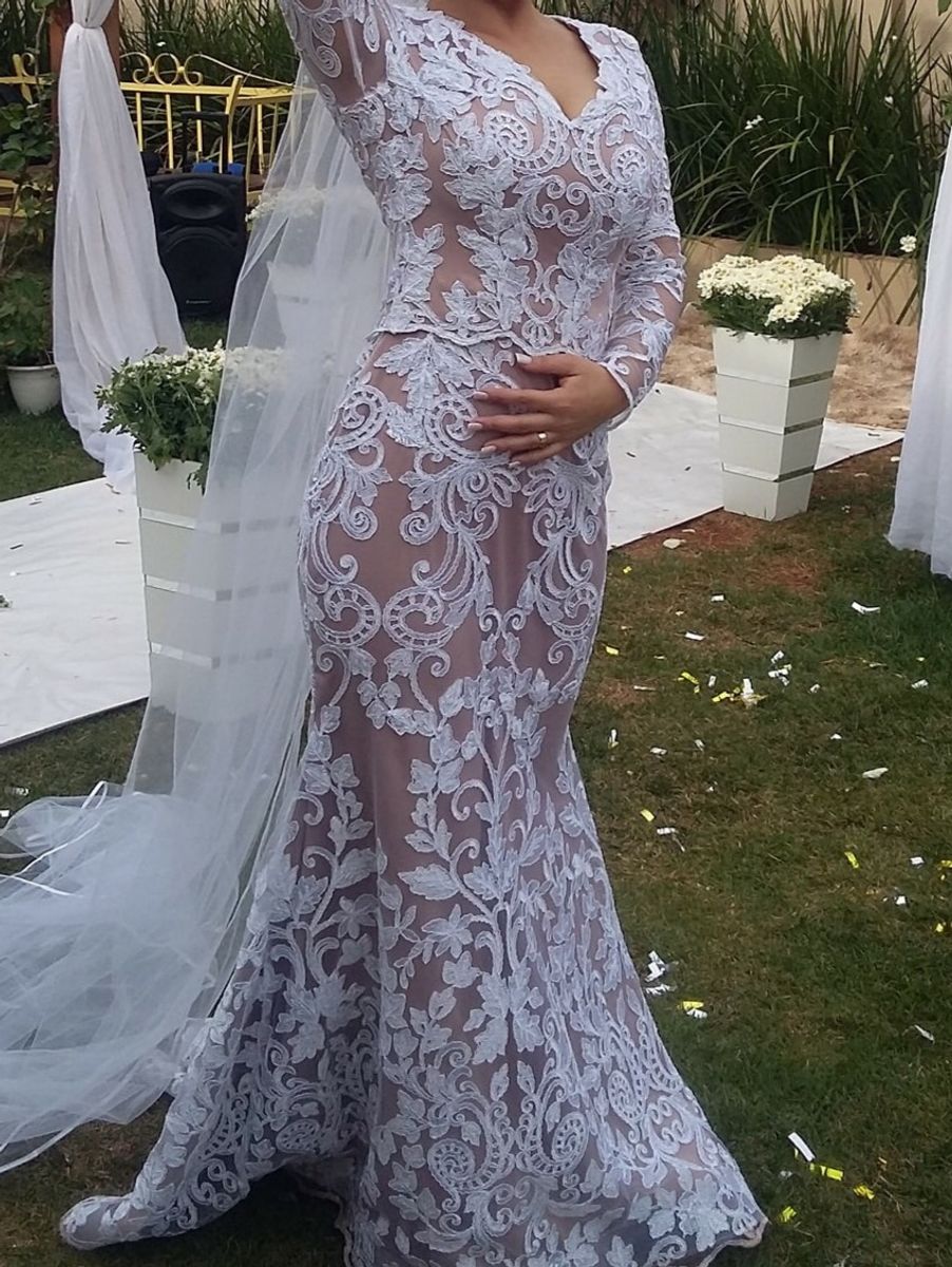 vestido de noiva nude com renda