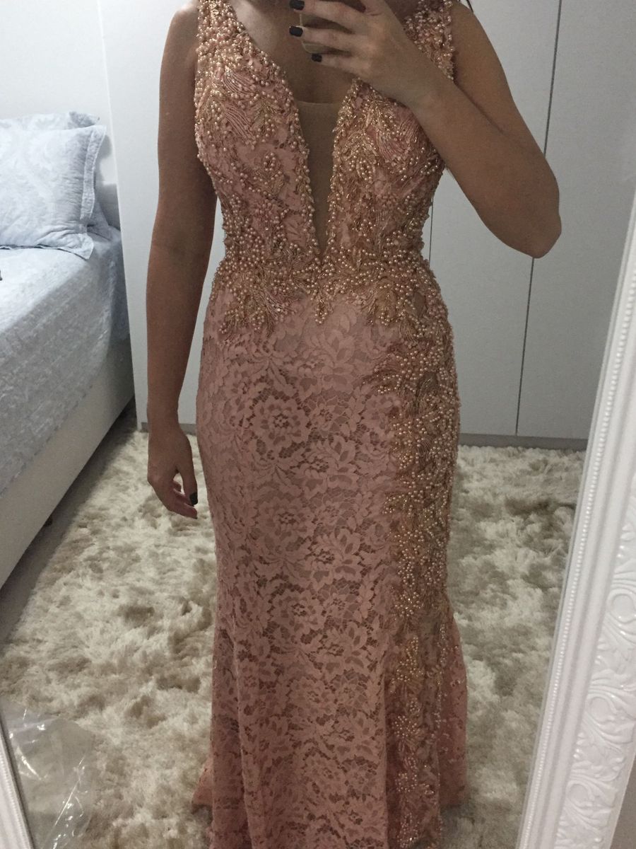 vestido rose renda longo