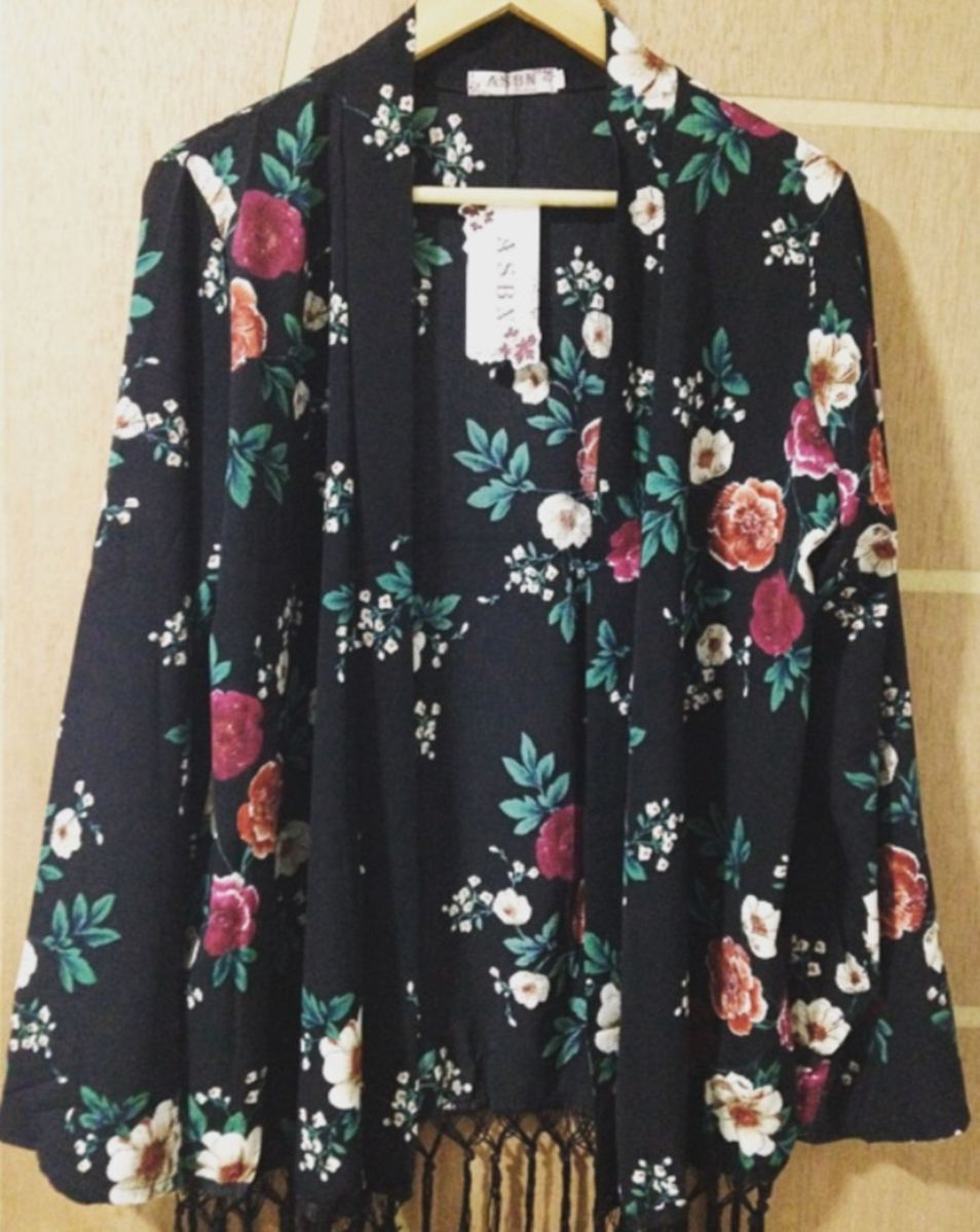 kimono feminino floral preto
