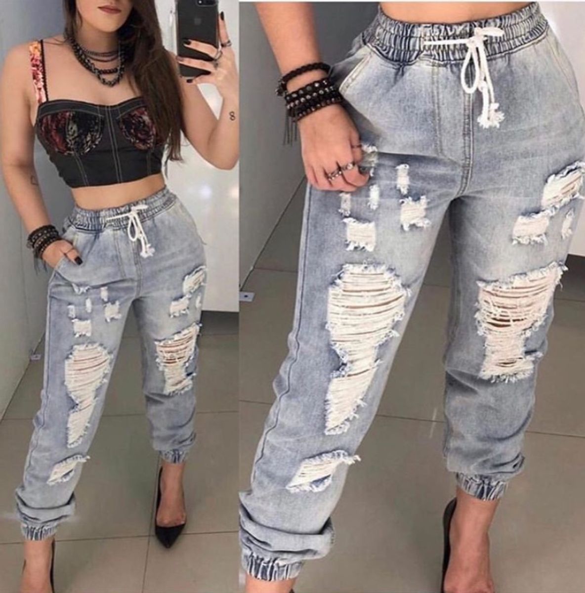 calça jogger destroyed feminina