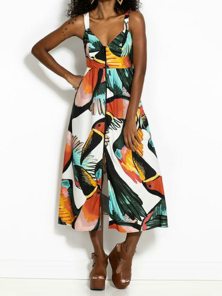 vestido com estampa de tucano