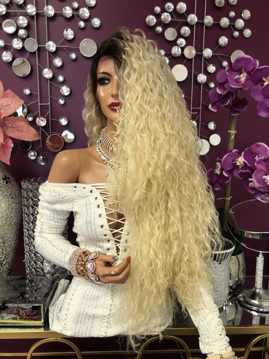 Peruca Front Lace Loira Raiz Escura Ombre Hair Cacheada Longa
