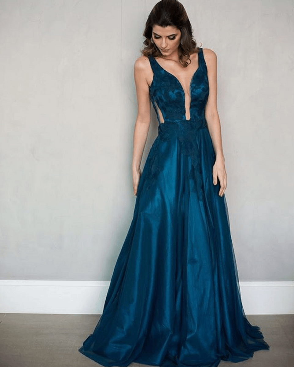 vestido longo azul petróleo