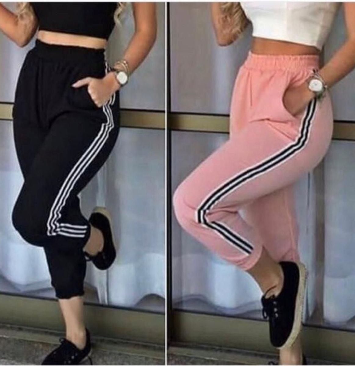 calça jogger feminina preta com listra branca