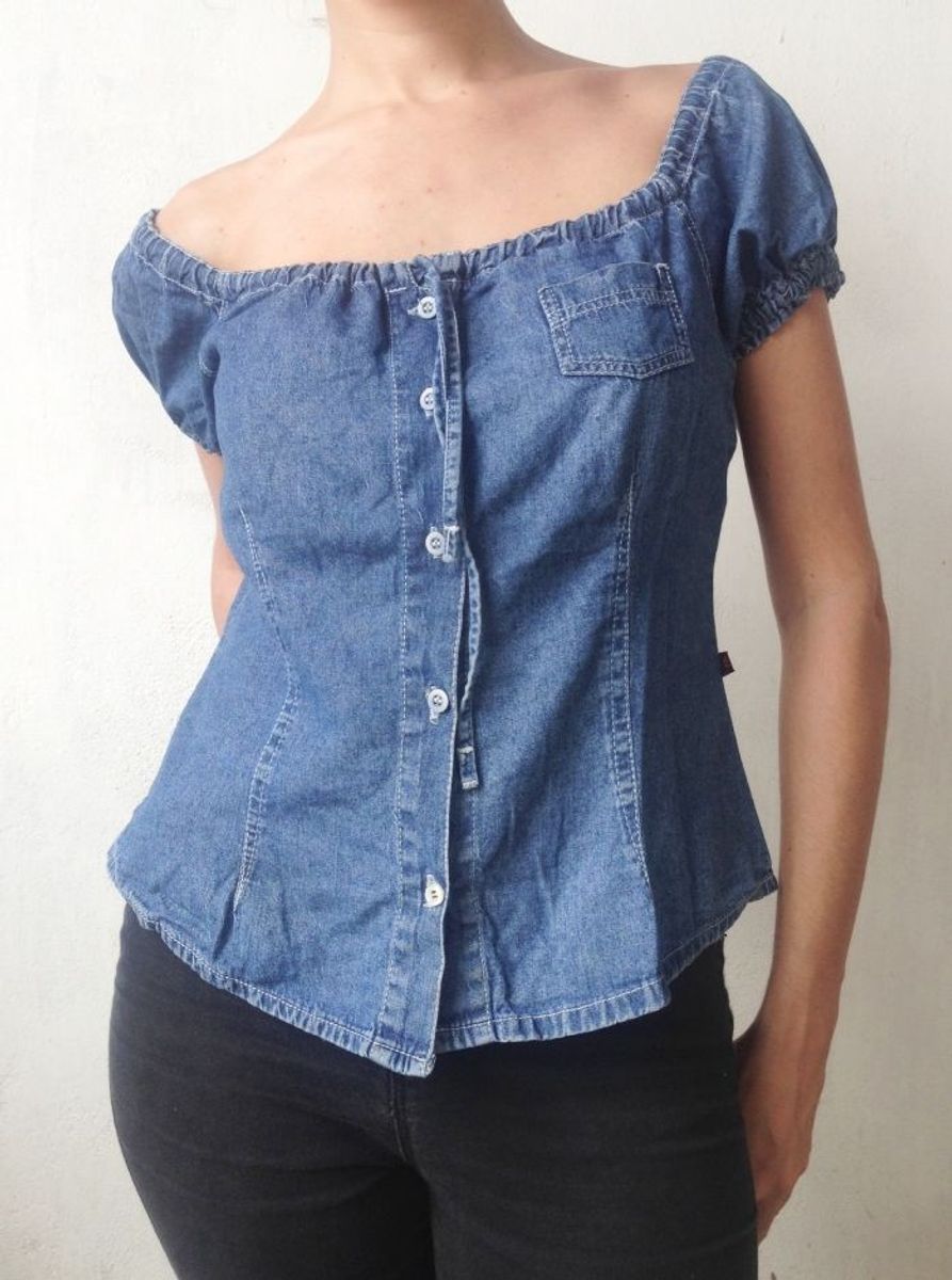 blusa jeans feminina ombro a ombro