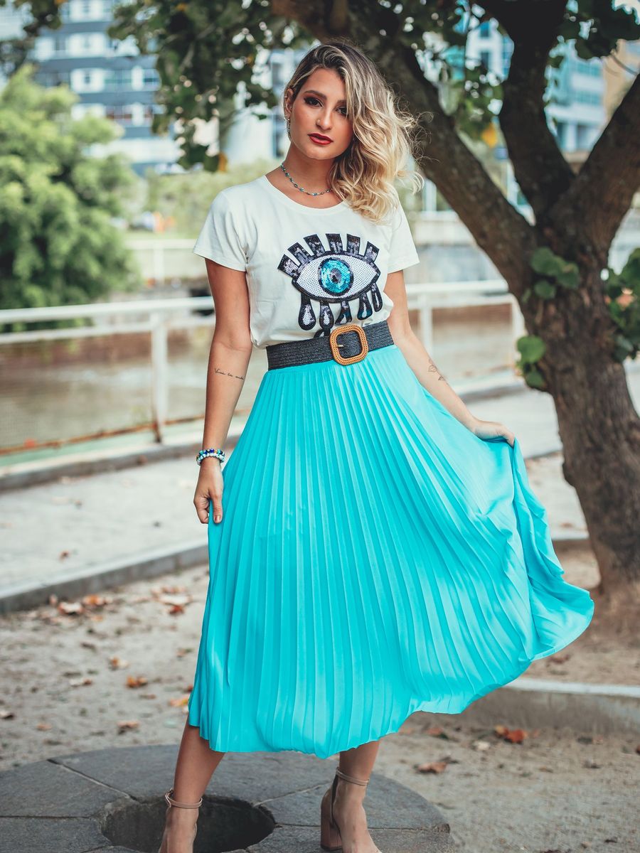 saia plissada azul turquesa