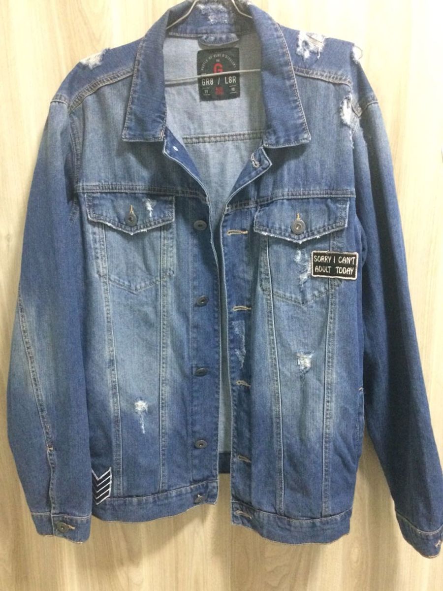 jaqueta jeans com patches masculina