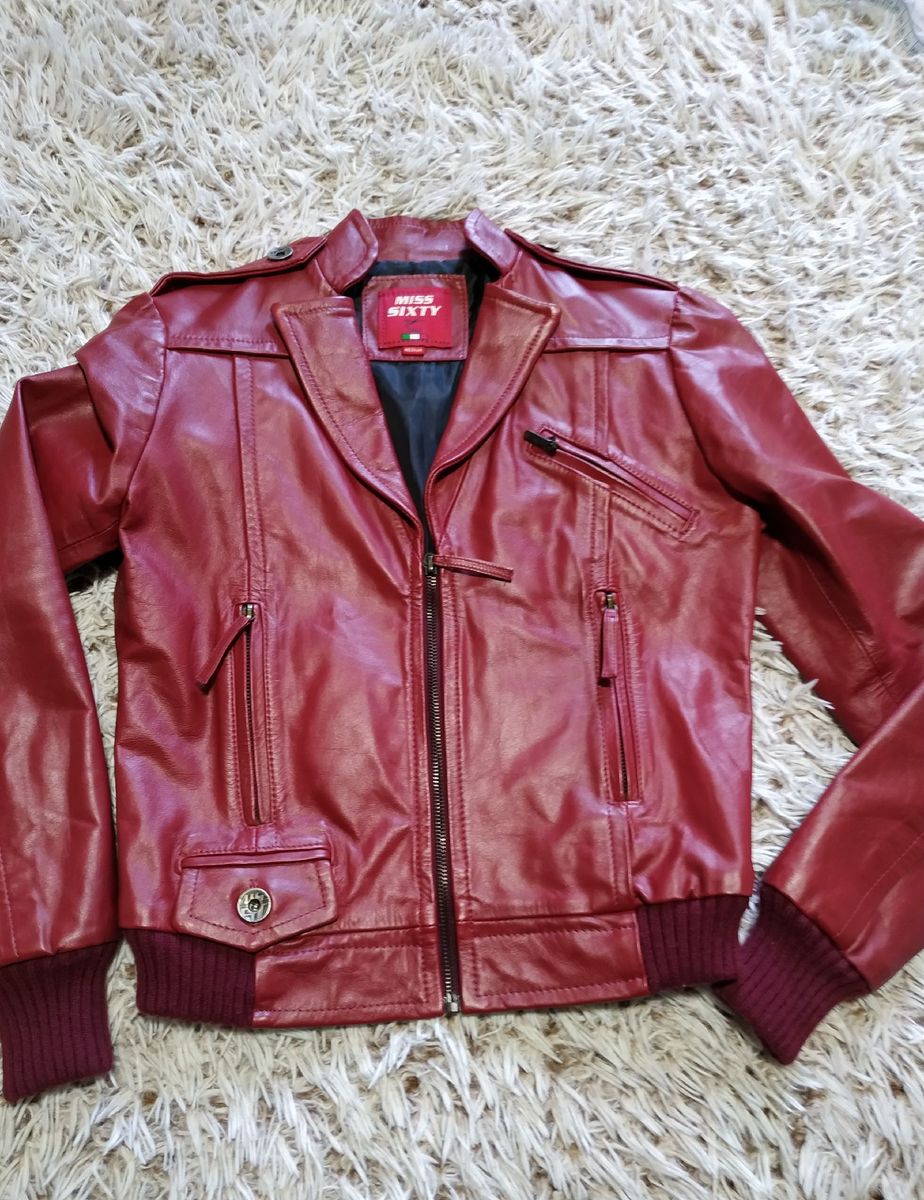 jaqueta de couro legitimo vermelha feminina