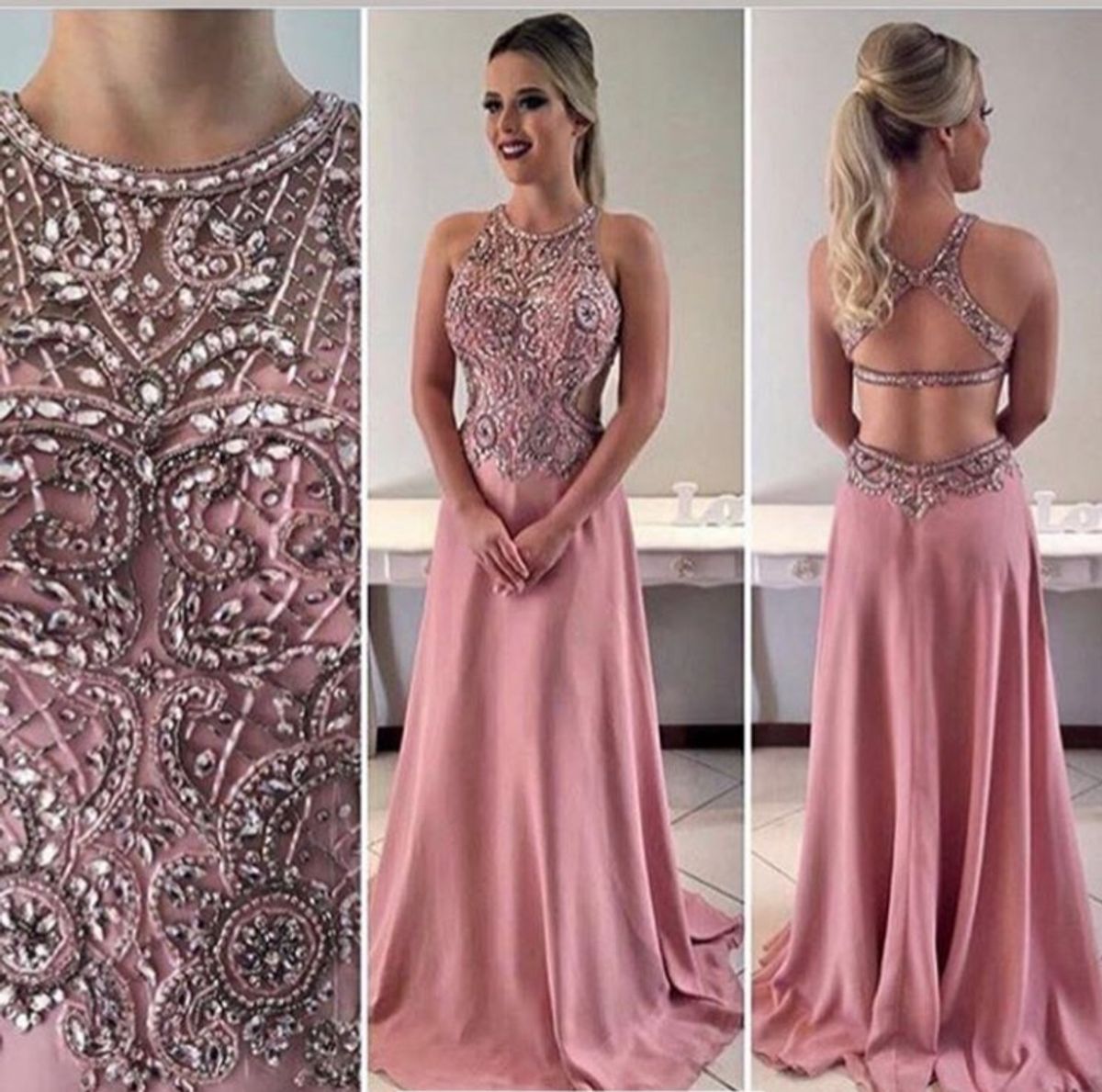 vestido rosa bordado longo