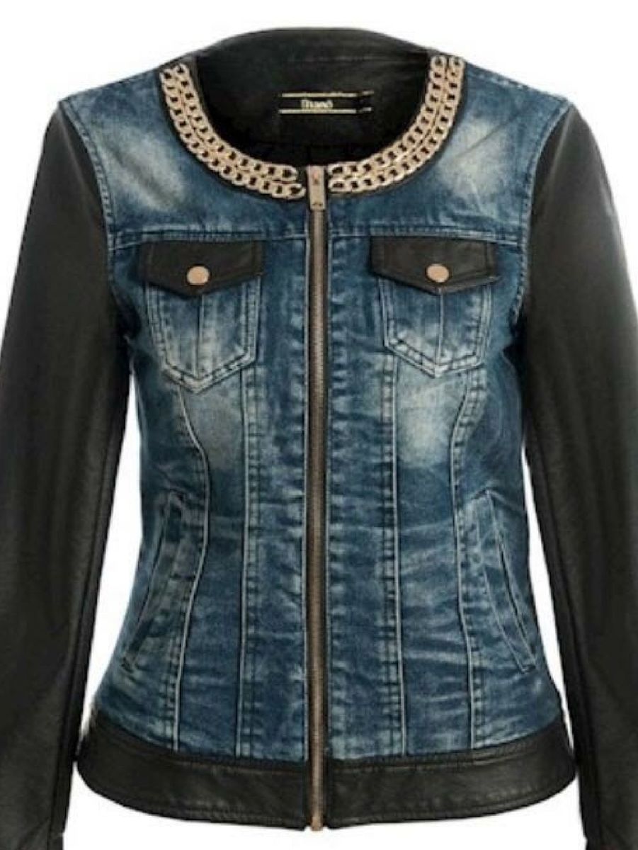 jaqueta jeans com manga de couro