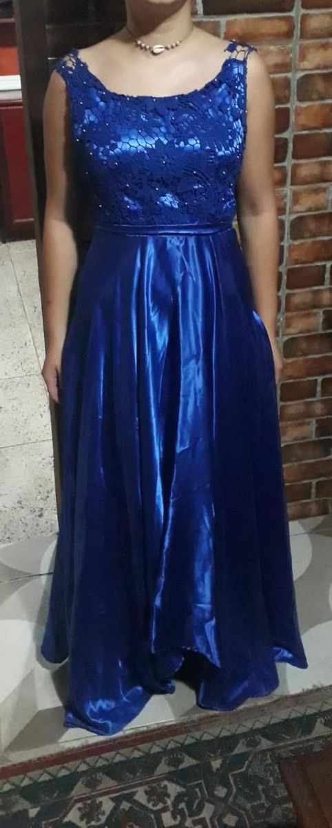 vestido de festa azul bic longo