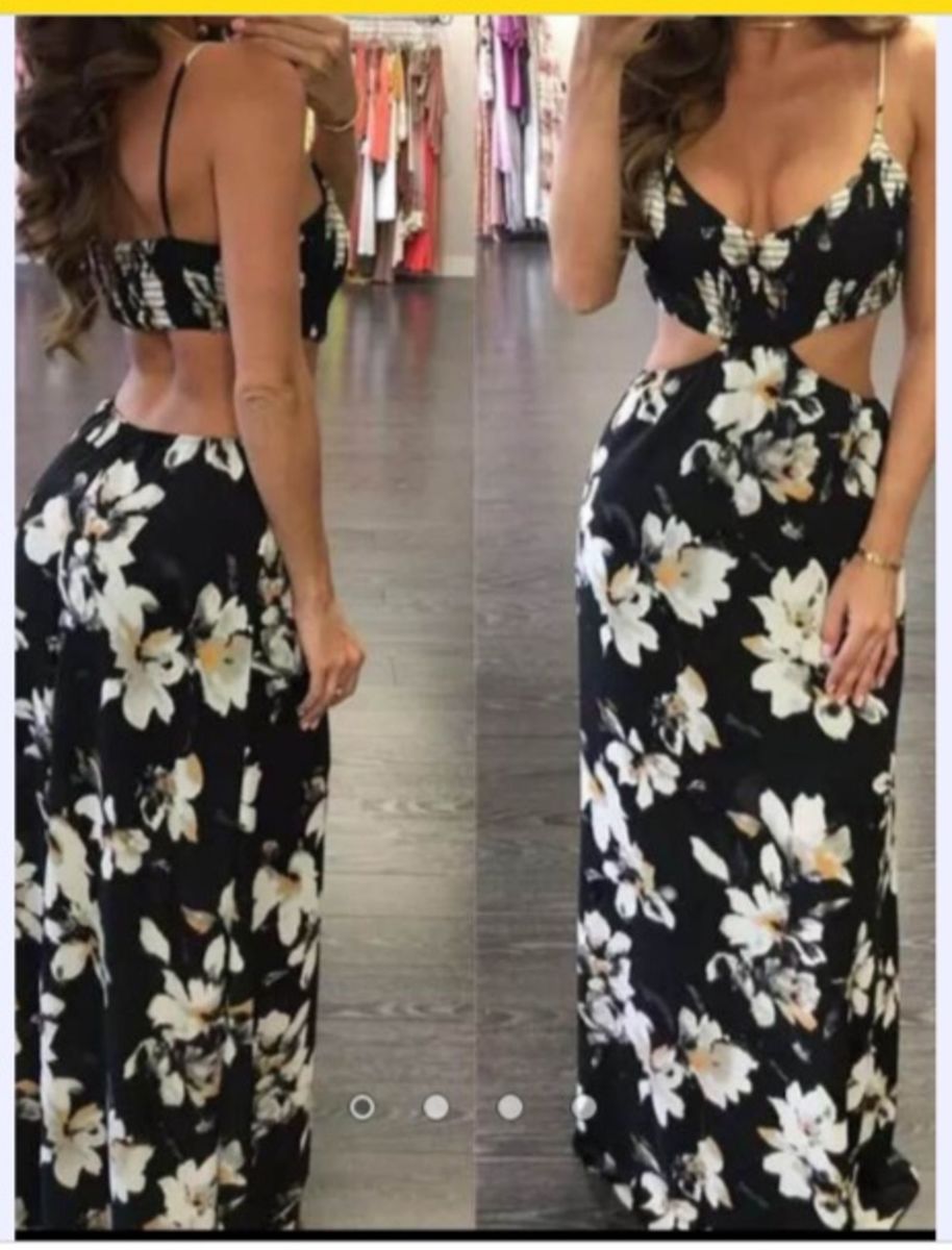 vestido longo estampado com decote