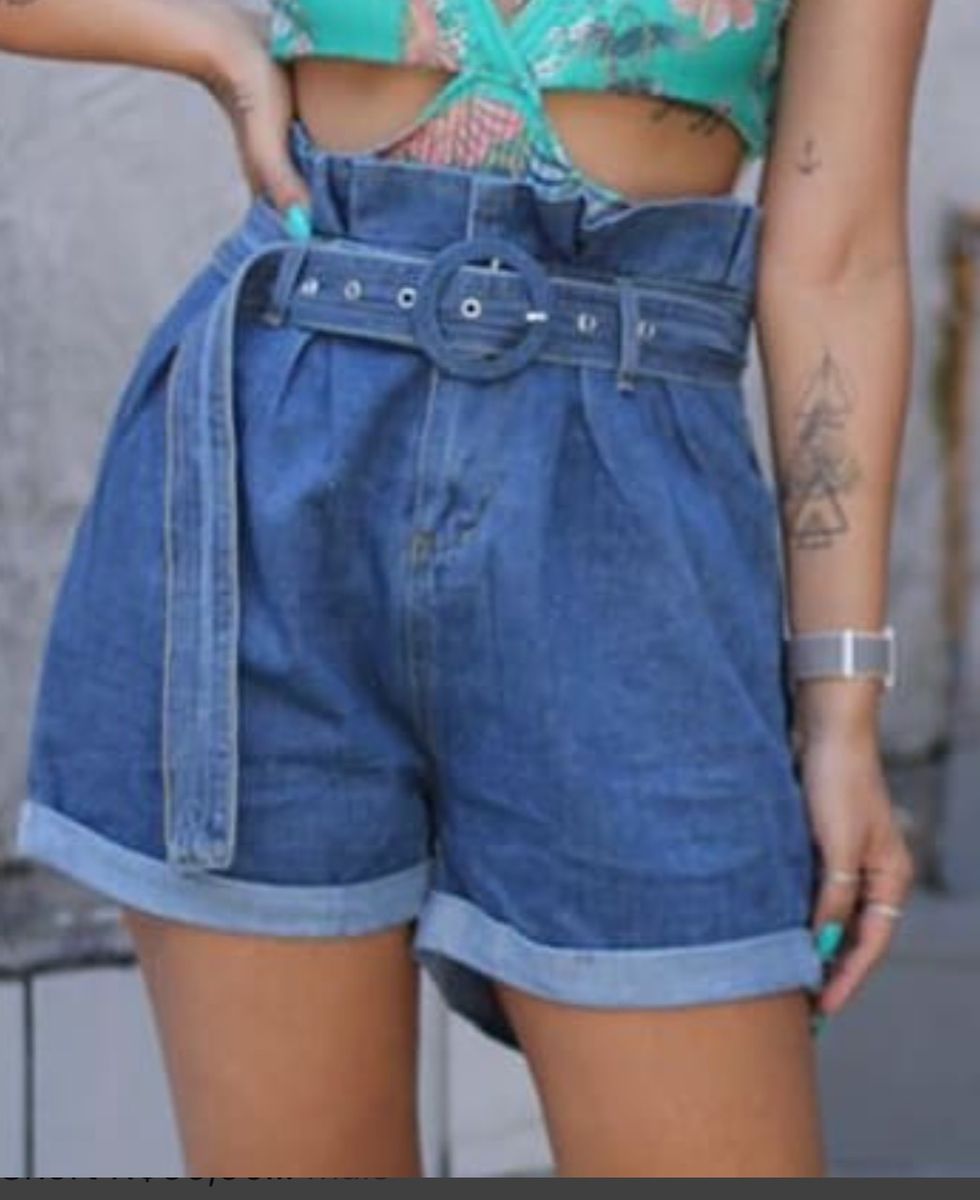 short jeans cintura alta com cinto jeans