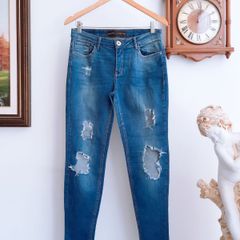 Calça Wide Leg Jeans com Barra Larga e Fenda Azul