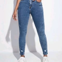 SHEIN Essnce Botão Bolso Rasgado Zíper Simples Jeans