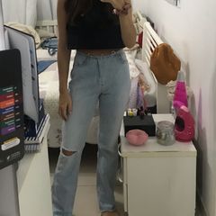 Calça Jeans Wide Leg Lavagem Clara Shein Petite Cintura Alta Shein