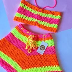 Conjunto De Short E Cropped Em Croche Neon