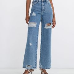 Calça Wide Leg Jeans com Barra Larga e Fenda Azul