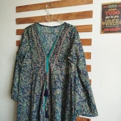 Vestido Midi Paisley Manga Flare Amplo Azul Estampado Boho Brasil, Vestido  Feminino Indian Usado 97555744