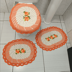 Jogo De Banheiro 03 Peças Em Croche Laranja C/ Bege