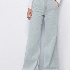 Calça Wide Leg Jeans com Barra Larga e Fenda Azul