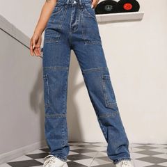 Jeans cargo cintura alta bolso com aba