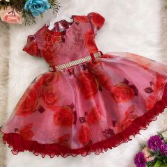 Vestido Infantil Luxo Floral Vermelho Festa Florista - Rosa