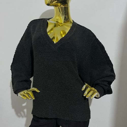 Blusa Lã Zara Cinza Escuro Renda Manga Feminina Inverno Elegante