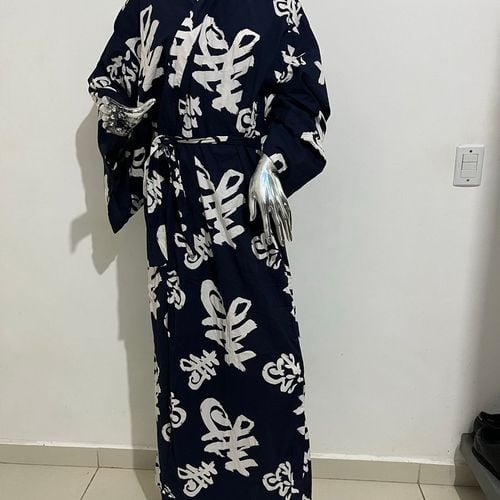 Kimono Longo Algodão Azul Estampa Único