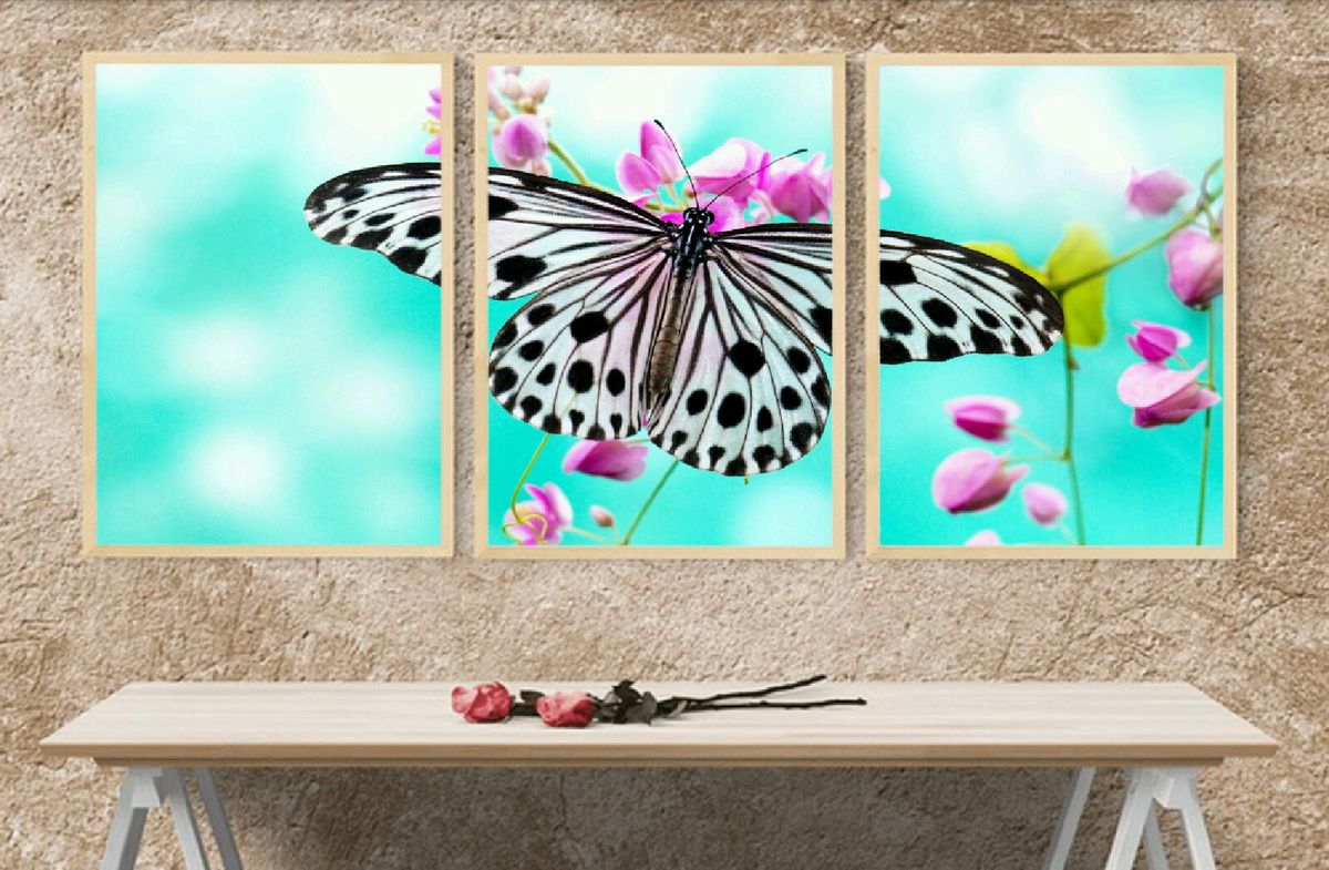 quadro butterfly moldura madeira 3 peças - decoração luciana-decoracoes