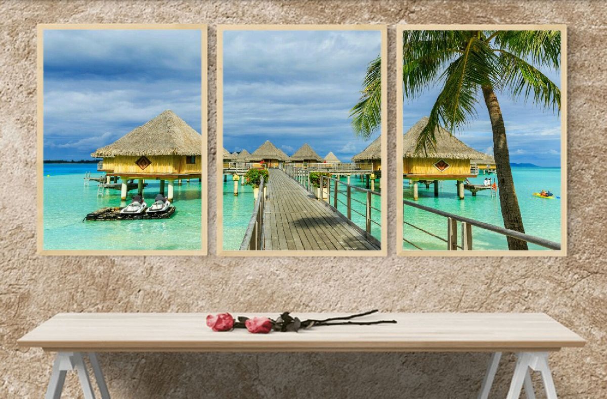 quadro paisagem praia moldura madeira 3 peças - decoração luciana-decoracoes