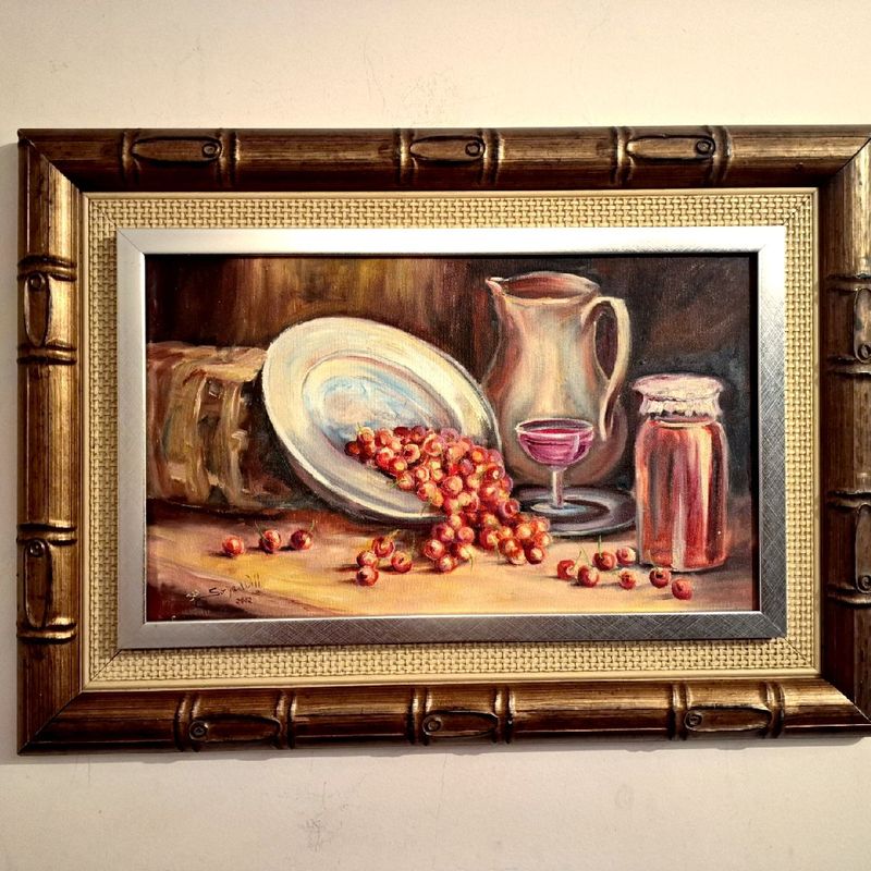 Quadro Pintura a Óleo Natureza Morta Cereja Vinho Pintado a Mão