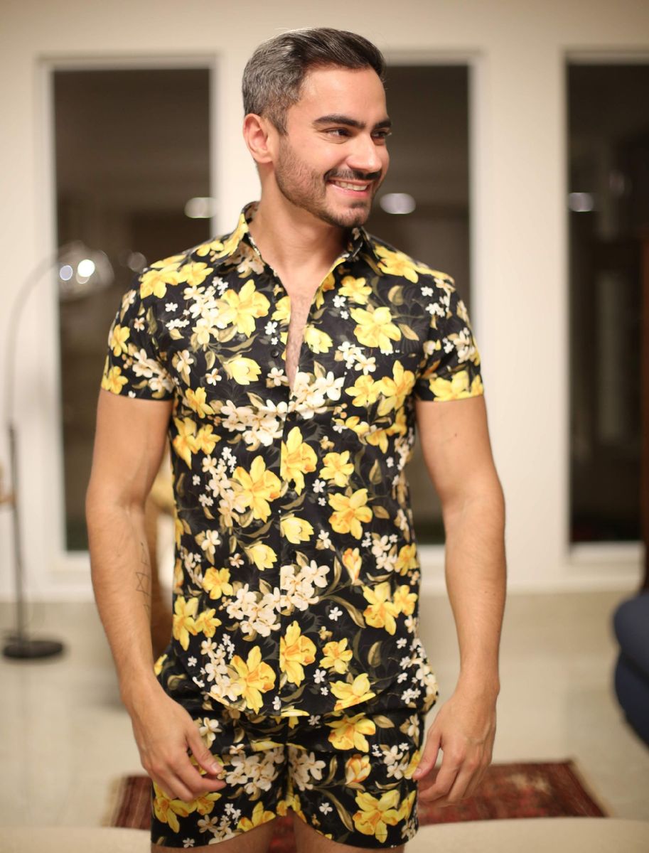 camisa floral amarela masculina