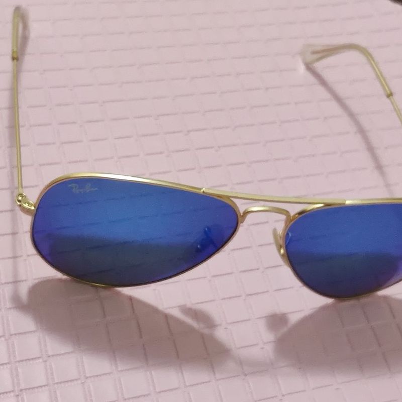 Óculos Ray-Ban Aviador RB3025 dourado fosco e lente azul espelhada