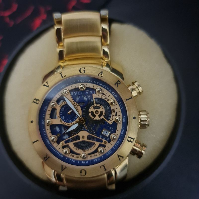 Relógio Bvlgari Skeleton Premium Aaa+ Dourado Azul Esqueleto Luxo