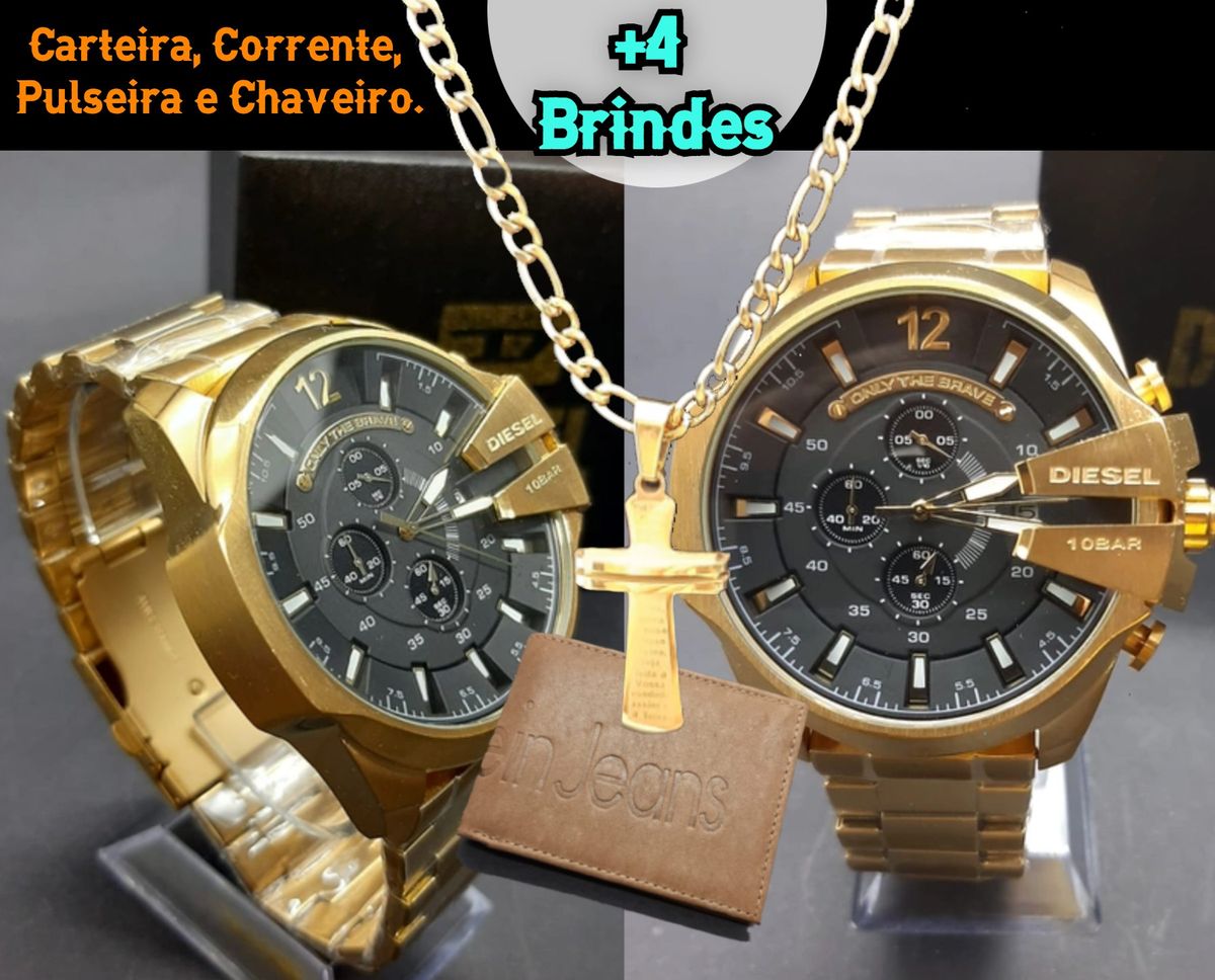 Relógio Diesel 10 Bar Masculino Dourado Banhado a Ouro 18k + 4 Brindes