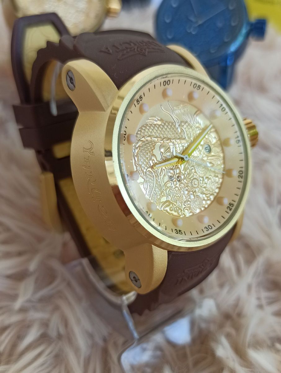 Rel Gio Invicta Yakuza Drag O Masculino Dourado Com Marrom Luxo Elegante Neg Cio Pai Rel Gio